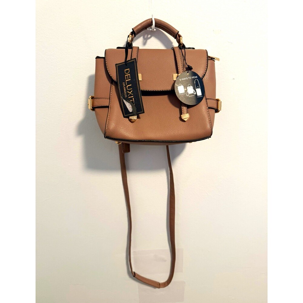 Deluxity Taupe Pebbled Faux Leather Backpack Handbag Buckle Crossbody Strap
